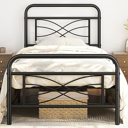 Topeakmart Twin Bed Frames Metal Bed with Vintage Style/Criss-Cross Design Headboard/Mattress Foundation/No Box Spring Needed/Under Bed Storage/Strong Slat Support Black Twin Bed