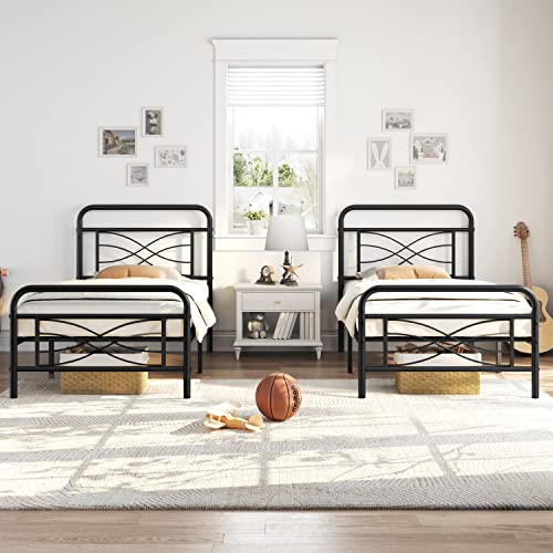 Topeakmart Twin Bed Frames Metal Bed with Vintage Style/Criss-Cross Design Headboard/Mattress Foundation/No Box Spring Needed/Under Bed Storage/Strong Slat Support Black Twin Bed