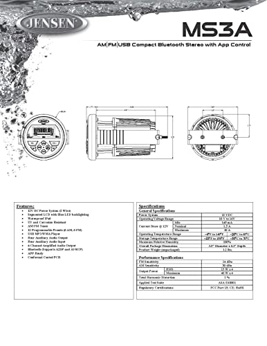 Jensen MS3A AM|FM|USB Waterproof Compact Bluetooth Stereo with App Control, 160 watts (40W x 4), Bluetooth Streaming Audio (A2DP/AVRCP), Rear USB for MP3, Rear AUX in (RCA), Line-Out (RCA) (Renewed)