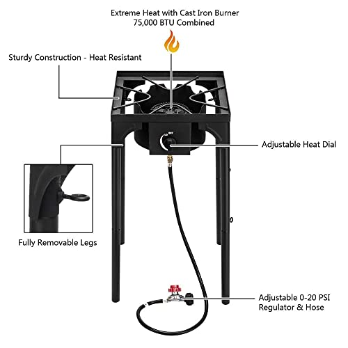 Portable Propane Gas Grill with Cast Iron - High Pressure Single for Outdoor Cooking Camping and Patio 75000-BTU Powerful Stove Cookware Equipment