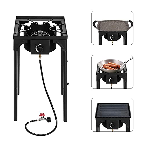 Portable Propane Gas Grill with Cast Iron - High Pressure Single for Outdoor Cooking Camping and Patio 75000-BTU Powerful Stove Cookware Equipment