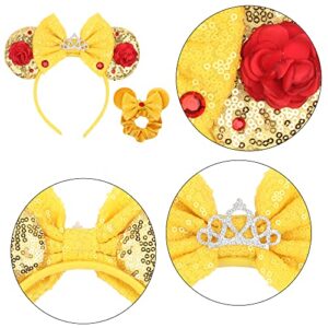 zhezesmila Beauty Mouse Ears Headband Classic Mouse Head band & Belle Ears Mouse Ears Scrunchies Rose Bow for Women, Girls, Princess Dress Accessories, Party,Cosplay Costume for Adults