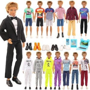 16 pcs boy doll fashion pack - 8 set clothes top and pant outfits with 5 shoes 3 accessories for boy doll black suit sweatshirt casual wear random style