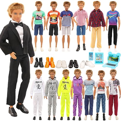 16 Pcs Boy Doll Fashion Pack - 8 Set Clothes Top and Pant Outfits with 5 Shoes 3 Accessories for Boy Doll Black Suit Sweatshirt Casual Wear Random Style