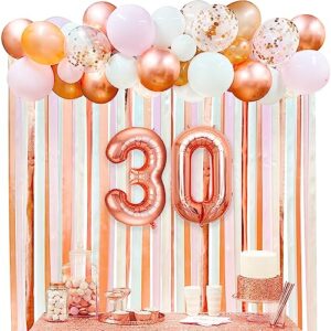 rose gold 30th birthday backdrop pink balloon arch garland fabric ribbon photo backdrop for womens 30th birthday decorations 30 and fabulous cheers to 30 years anniversary dirty thirty party decor