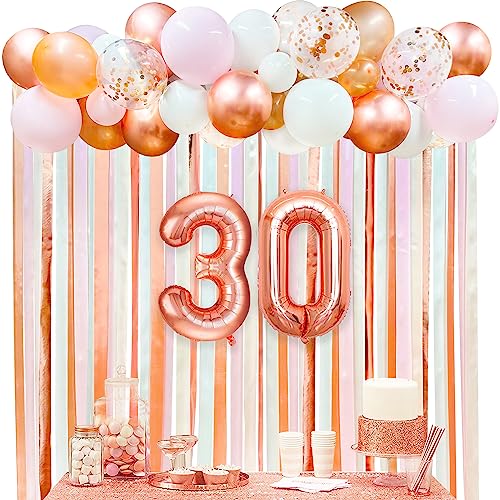 Rose Gold 30th Birthday Backdrop Pink Balloon Arch Garland Fabric Ribbon Photo Backdrop for Womens 30th Birthday Decorations 30 and Fabulous Cheers to 30 Years Anniversary Dirty Thirty Party Decor