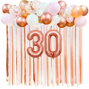 Rose Gold 30th Birthday Backdrop Pink Balloon Arch Garland Fabric Ribbon Photo Backdrop for Womens 30th Birthday Decorations 30 and Fabulous Cheers to 30 Years Anniversary Dirty Thirty Party Decor