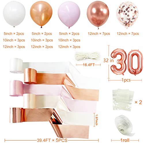 Rose Gold 30th Birthday Backdrop Pink Balloon Arch Garland Fabric Ribbon Photo Backdrop for Womens 30th Birthday Decorations 30 and Fabulous Cheers to 30 Years Anniversary Dirty Thirty Party Decor