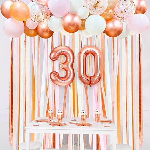 Rose Gold 30th Birthday Backdrop Pink Balloon Arch Garland Fabric Ribbon Photo Backdrop for Womens 30th Birthday Decorations 30 and Fabulous Cheers to 30 Years Anniversary Dirty Thirty Party Decor