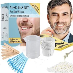 keethem 120g nose wax kit, nose wax with 40 blue applicators, nose hair wax painless nose hair removal at least 20 times usage, nose hair waxing kit for men and women with 20 mustache guards, 20pcs paper cup, 10pcs wooden sticks