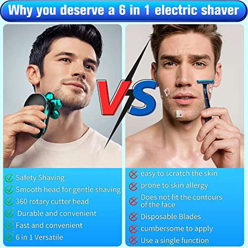 Upgrade 6-in-1 Head Shaver for Men, Mens Electric Shaver Bald Head Shaver Cordless Electric Razor for Men IPX7 Waterproof Rotary Shaver Grooming Kit, Face Head Shaver with Nose Hair Sideburns Trimmer