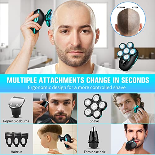 Upgrade 6-in-1 Head Shaver for Men, Mens Electric Shaver Bald Head Shaver Cordless Electric Razor for Men IPX7 Waterproof Rotary Shaver Grooming Kit, Face Head Shaver with Nose Hair Sideburns Trimmer