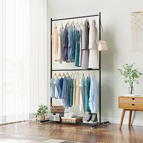 KKgoubz Clothes Rack Double Rod Clothing Rack,Garment Racks for Hanging Clothes,Metal Garment Rack with Bottom Storage,Carbon Steel Black