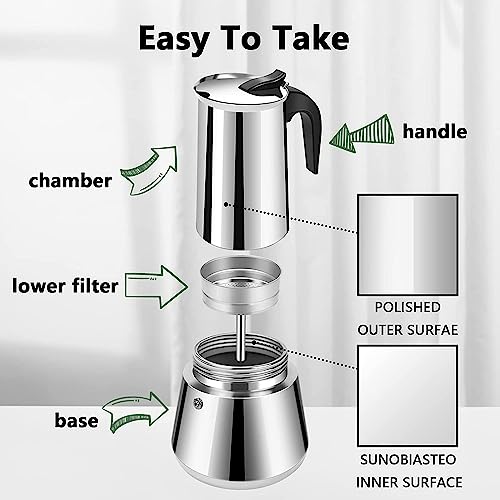 DITOSH Stovetop Espresso Maker Sainless Steel Moka Pot Espresso Maker Percolator Italian Coffee Maker Capable Moka Coffee Machine Cafe Percolator Maker for Home & Camping (2Cup-Straight)