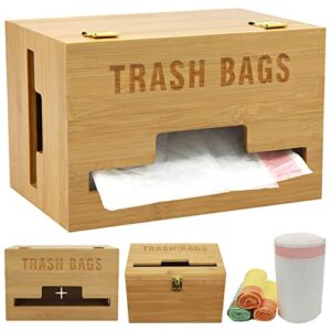 upgraded extra large bamboo trash bag dispenser garbage bag holder kitchen laundry trash can organizer, compatible with standard trash bag rolls, wall mounted or on countertop