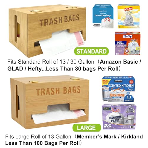 Upgraded Extra Large Bamboo Trash Bag Dispenser Garbage Bag Holder Kitchen Laundry Trash Can Organizer, Compatible with Standard Trash Bag Rolls, Wall Mounted or on Countertop