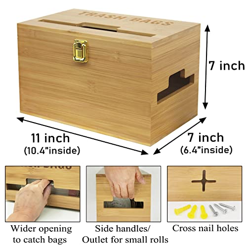 Upgraded Extra Large Bamboo Trash Bag Dispenser Garbage Bag Holder Kitchen Laundry Trash Can Organizer, Compatible with Standard Trash Bag Rolls, Wall Mounted or on Countertop