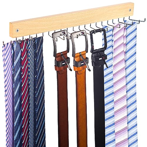 Tie Rack Wall Mounted, Natural Wood Tie Organizer Holds 20 Ties/Belt/Purse, Tie and Belt Organizer with/ 360° Rotatable Hooks,Screw Nail, Ideal for Installation on Wall、Door、Closet, 1 Pack, Natrual