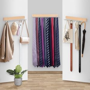 Tie Rack Wall Mounted, Natural Wood Tie Organizer Holds 20 Ties/Belt/Purse, Tie and Belt Organizer with/ 360° Rotatable Hooks,Screw Nail, Ideal for Installation on Wall、Door、Closet, 1 Pack, Natrual