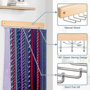 Tie Rack Wall Mounted, Natural Wood Tie Organizer Holds 20 Ties/Belt/Purse, Tie and Belt Organizer with/ 360° Rotatable Hooks,Screw Nail, Ideal for Installation on Wall、Door、Closet, 1 Pack, Natrual