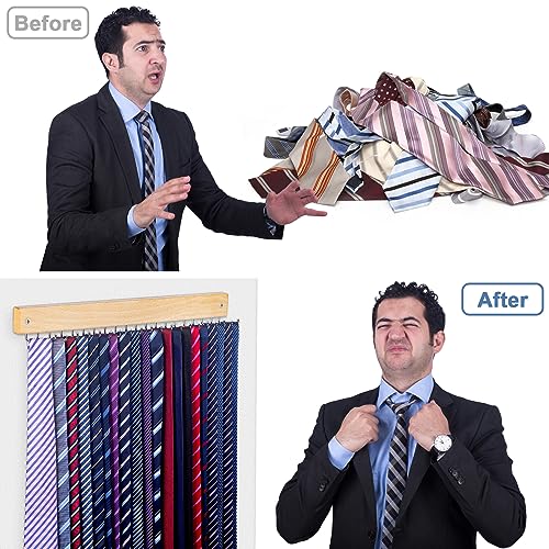 Tie Rack Wall Mounted, Natural Wood Tie Organizer Holds 20 Ties/Belt/Purse, Tie and Belt Organizer with/ 360° Rotatable Hooks,Screw Nail, Ideal for Installation on Wall、Door、Closet, 1 Pack, Natrual