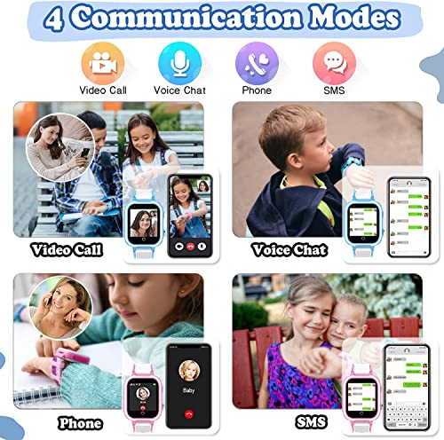 4G Smart Watch for Kids, Smart Watch with GPS Tracker Two Way Calling, Text Voice & Video Chat, SOS, WiFi, Waterproof Touch Screen Wrist Watch Suitable for 4-12 Boys Girls Birthday Gifts. (Pink)