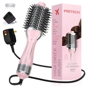 dual voltage hair dryer brush, pritech hot air brush 110v-120v/220v-240v ionic 1000w blow dryer brush 4 in 1 styler, one step volumizer,styling brush for straight and curling hair salon