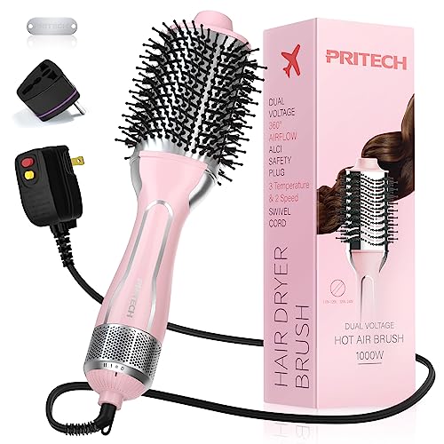 Dual Voltage Hair Dryer Brush, PRITECH Hot Air Brush 110V-120V/220V-240V Ionic 1000W Blow Dryer Brush 4 in 1 Styler, One Step Volumizer,Styling Brush for Straight and Curling Hair Salon