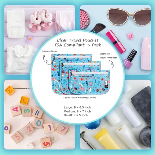 HIONXMGA TSA Approved Toiletry Bag,Set of 3 Clear Travel Toiletry Bags Quart Size Zipper Travel Pouch,Waterproof Travel Makeup Cosmetic Bag for Women Men Toiletries Carry on Airport,Marine World