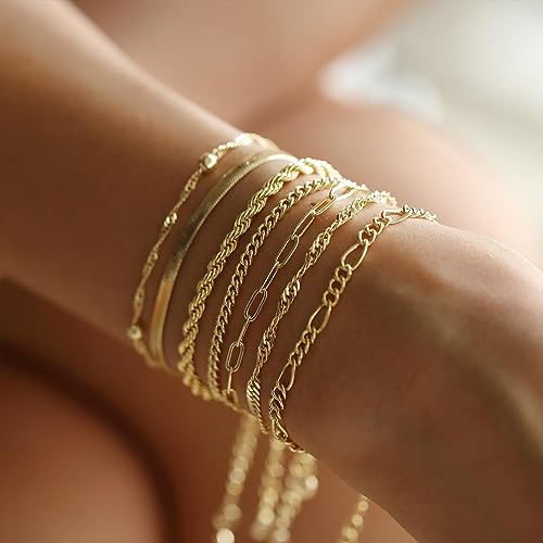 Poxtex Gold Bracelets for Women, 14K Gold Dainty Waterproof Adjustable Bracelets for Women Trendy, Gold Jewelry Sets Inclued Beaded, Cuban, Paperclip, Herringbone, Rope, 7"+2" Extender Chain