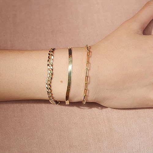 Poxtex Gold Bracelets for Women, 14K Gold Dainty Waterproof Adjustable Bracelets for Women Trendy, Gold Jewelry Sets Inclued Beaded, Cuban, Paperclip, Herringbone, Rope, 7"+2" Extender Chain