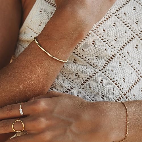 Poxtex Gold Bracelets for Women, 14K Gold Dainty Waterproof Adjustable Bracelets for Women Trendy, Gold Jewelry Sets Inclued Beaded, Cuban, Paperclip, Herringbone, Rope, 7"+2" Extender Chain