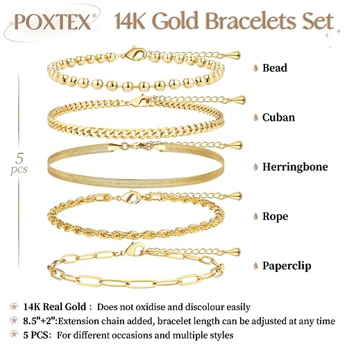 Poxtex Gold Bracelets for Women, 14K Gold Dainty Waterproof Adjustable Bracelets for Women Trendy, Gold Jewelry Sets Inclued Beaded, Cuban, Paperclip, Herringbone, Rope, 7"+2" Extender Chain