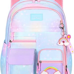 Lmeison Backpack for Girls School Backpacks for Girl Cute Bookbag Kawaii Kids School Bag Blue Rainbow Back Pack for Elementary School Middle School Teen Backpacks Casual Daypack for Travel