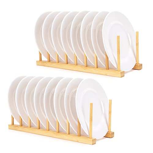 E-ROOM TREND Dish Drying Rack 2 Packs 8 Slots Wooden Natural Bamboo Kitchen Storage Organizer Stand Dish Drainer Drying Rack Plates Cups Pan Lid Cutting Board Holder (DR1802)