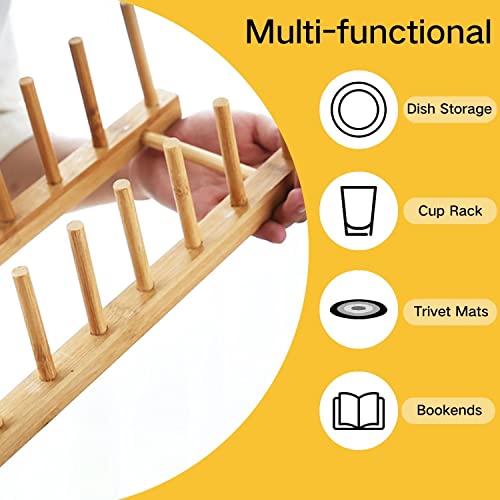 E-ROOM TREND Dish Drying Rack 2 Packs 8 Slots Wooden Natural Bamboo Kitchen Storage Organizer Stand Dish Drainer Drying Rack Plates Cups Pan Lid Cutting Board Holder (DR1802)