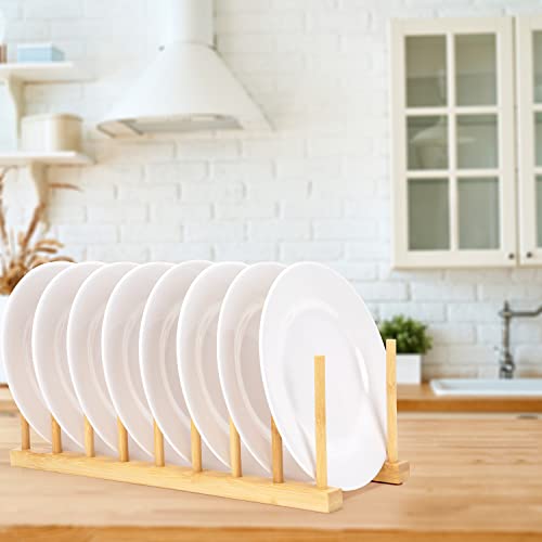 E-ROOM TREND Dish Drying Rack 2 Packs 8 Slots Wooden Natural Bamboo Kitchen Storage Organizer Stand Dish Drainer Drying Rack Plates Cups Pan Lid Cutting Board Holder (DR1802)