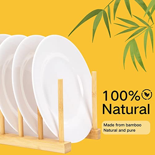 E-ROOM TREND Dish Drying Rack 2 Packs 8 Slots Wooden Natural Bamboo Kitchen Storage Organizer Stand Dish Drainer Drying Rack Plates Cups Pan Lid Cutting Board Holder (DR1802)