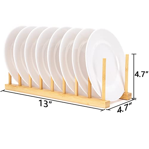 E-ROOM TREND Dish Drying Rack 2 Packs 8 Slots Wooden Natural Bamboo Kitchen Storage Organizer Stand Dish Drainer Drying Rack Plates Cups Pan Lid Cutting Board Holder (DR1802)