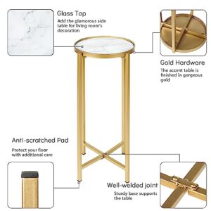 DOWLVN Gold Marble Snack Drink Accent Table, Small Round Side End Table for Living Room Bedroom Small Space, 11" D x 24" H