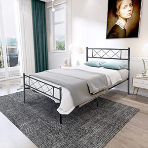 sying88 lt double size single metal bed frame - black low profile for adults and children with headboard and large storage space for boys girls