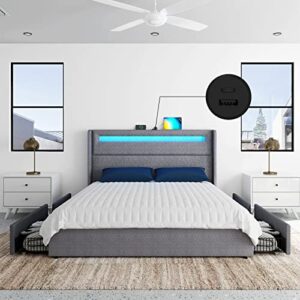 luxoak queen led bed frame with wingback headboard & 4 storage drawers, upholstered platform bed with usb & usb-c ports, app/remote control, box spring optional, light grey…