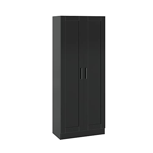 Panana Wooden Storage Cabinet, Narrow Pantry Cabinets Free Standing Tall Storage Cabinet with 2 Doors and Shelves (Black)