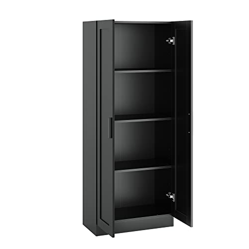 Panana Wooden Storage Cabinet, Narrow Pantry Cabinets Free Standing Tall Storage Cabinet with 2 Doors and Shelves (Black)