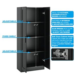 Panana Wooden Storage Cabinet, Narrow Pantry Cabinets Free Standing Tall Storage Cabinet with 2 Doors and Shelves (Black)