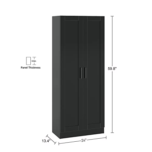 Panana Wooden Storage Cabinet, Narrow Pantry Cabinets Free Standing Tall Storage Cabinet with 2 Doors and Shelves (Black)