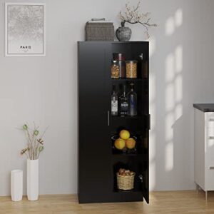 Panana Wooden Storage Cabinet, Narrow Pantry Cabinets Free Standing Tall Storage Cabinet with 2 Doors and Shelves (Black)