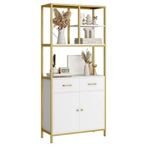 hithos 71" tall bookshelf, modern white and gold bookcase, book shelves with drawers and storage cabinet, metal etagere bookcase display shelves for home office, gold/white