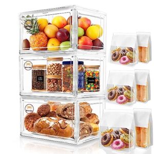 eds fam 3pcs bread box for kitchen countertop 14.2 * 10.6 * 7.8in transparent bread storage container stackable bread bin