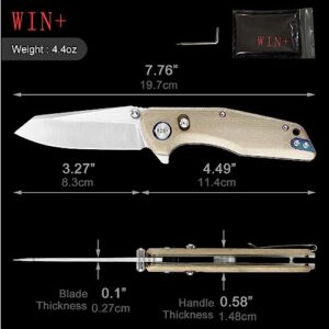 WIN+ Pocket Knife, Folding Knife with Button Lock and Axis Lock, Tactical Knives with Ball Bearing and Thumb Stud, Micarta Small EDC Knife for Survival Camping 3442 (C-Desert-Micarta)